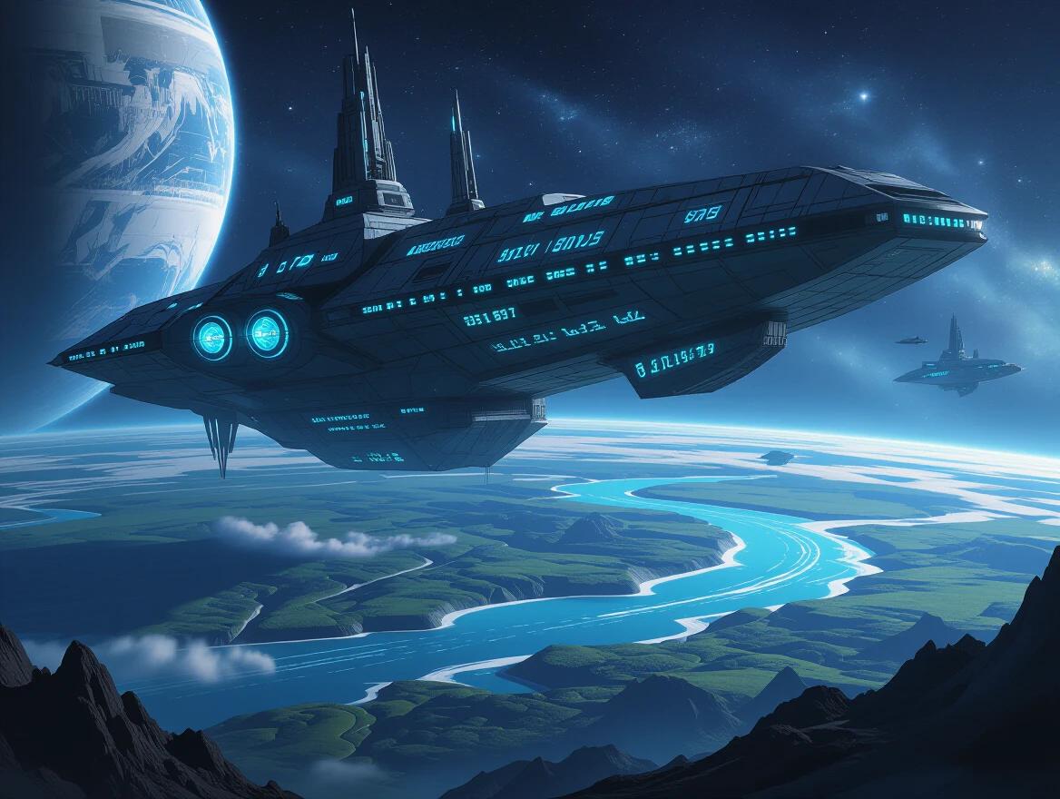 A colossal futuristic spaceship hovers over an alien planet. The metallic hull shines under distant stars. Glowing blue engines and towering spires feature intricate designs. Below, vibrant blue oceans and lush green continents create a stunning landscape. An atmospheric haze adds depth. The glowing reflections from the planet create dramatic shadows on the ship's surface. Stars twinkle faintly in the vast cosmos. Cinematic, ultra-detailed, hyper-realistic, evoking awe and anticipation.