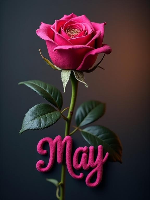 Dramatic studio photograph of a fuchsia rose against a dark background. Rose centered with velvety petals and golden pollen. Below, name 'May' in plush fuchsia felt. Warm spotlight creates a vignette and blurred backdrop reflection.