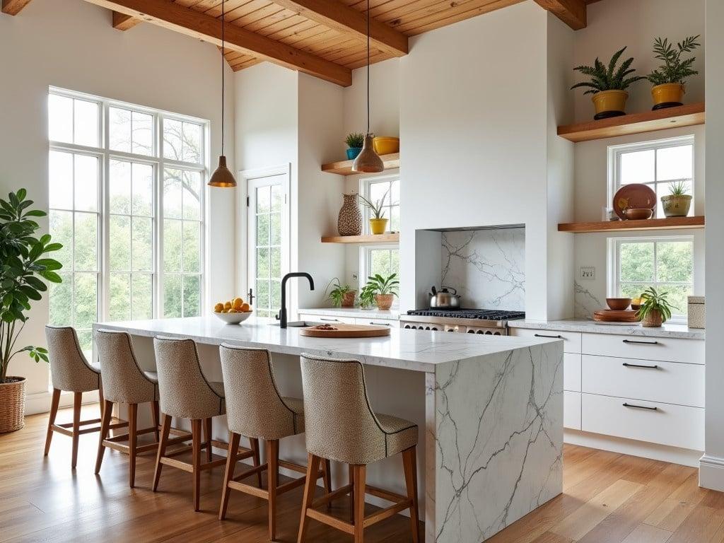 This image features a modern kitchen with a bright and airy design. The high ceilings are adorned with wooden beams, enhancing the spacious feel. The kitchen island is made of marble, providing both a functional workspace and a stylish appearance. There are several bar stools lined up at the island, upholstered in fabric with striped details. Natural light floods the room through large windows, adding warmth to the white cabinetry and wooden floors. Decorative touches include potted plants on the counter and colorful kitchenware displayed on shelves. Overall, the kitchen exudes a cozy yet elegant ambiance.