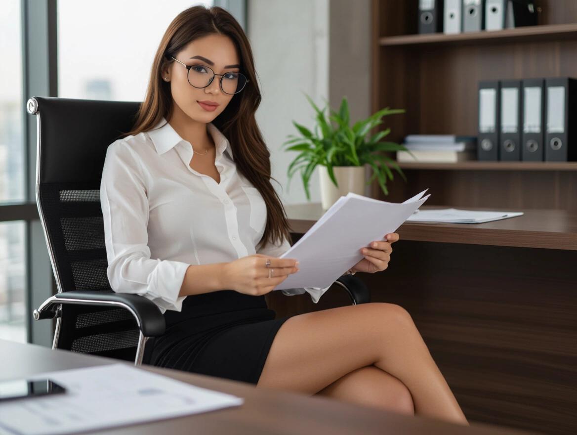 Brunette woman of Asian descent dressed in a business outfit sits in an office chair. She wears a short business skirt and a white blouse. Black rimmed glasses sit on her face. She holds paperwork while looking at documents in a well-furnished office.