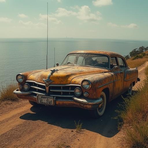 Old vintage car parked on a dirt road near the coast. Car has a rusty yellow-orange color. Background features a scenic ocean view with clouds.
