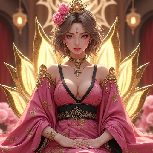 Anime character of a woman in futuristic royal attire. She has silver eyes and light brown wavy hair. Wearing an elegant kimono with diamond jewelry. Sitting in a luxurious throne room with cherry blossoms. Smart and royal appearance.