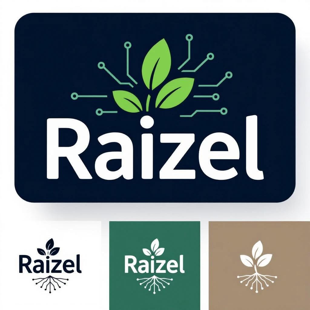 Minimalist logo design for Raizel. Typography is clean and modern. Elements of nature and technology are included. Features a leaf and circuit pattern. Simple yet striking. Organic curves and geometric lines balanced. Limited earth tones with digital blue. Vector style with high contrast.