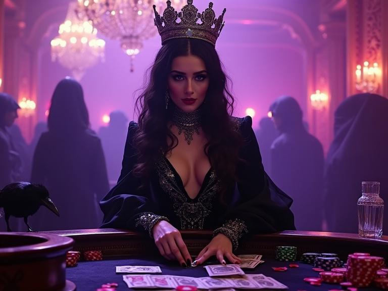 A gothic queen in a black velvet gown with silver sigils sits at a high-roller casino table. She has porcelain skin under neon lights with blood-red poker chips and money. A raven watches from above. The scene is opulent with absinthe and rose petals, capturing the essence of dark fantasy gambling.