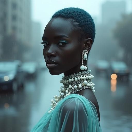 A West African woman with blue-black skin. She has dewy skin and ethereal eyes. Jewelry is inspired by the ocean. The gown is translucent and drapes like water. The background shows a misty cityscape with reflections in a rain-soaked street. The mood is serene and surreal.