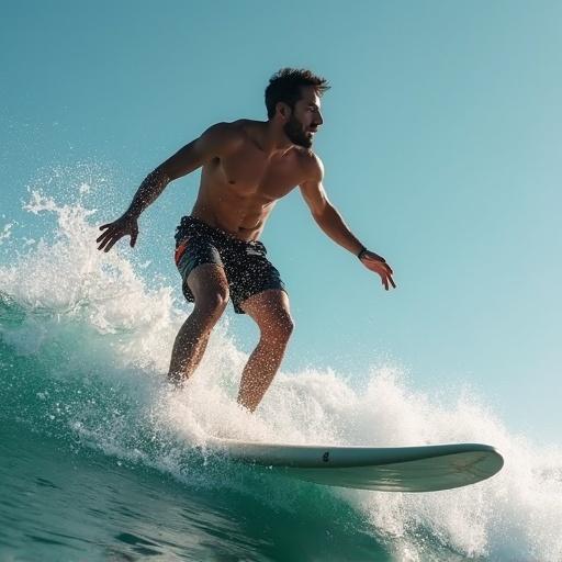Surfer rides a wave. Surfer smiles with joy. Body positioned on surfboard. Ocean waves crash around. Bright sunlight illuminates scene.