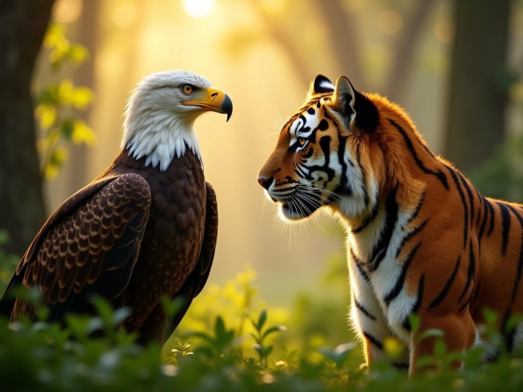 A majestic eagle and a powerful tiger stand face to face in a lush, green forest. The sunlight filters through the trees, casting a warm golden glow around them. The eagle, with its piercing eyes and strong beak, exudes a sense of confidence. Meanwhile, the tiger's striking orange fur with bold black stripes creates a stunning contrast in the scene. Both animals appear to be in a moment of mutual respect and understanding, showcasing the beauty of the natural world. In the background, soft silhouettes of trees add depth to the serene atmosphere.