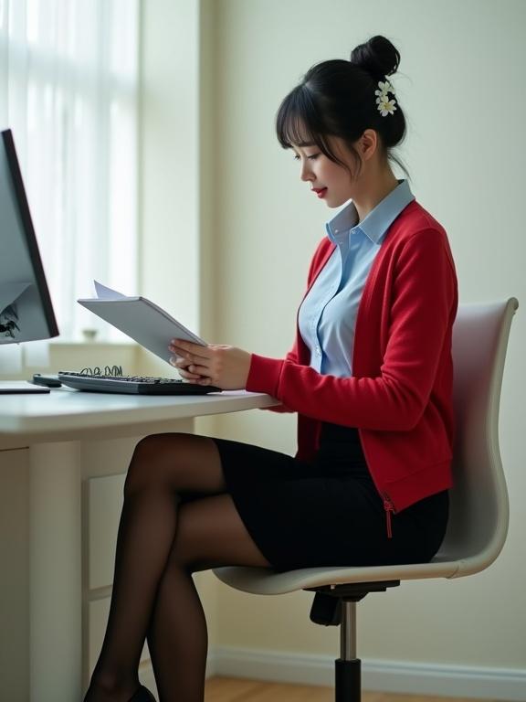 Image features East Asian female agent sitting at her desk and reading intel files in agency building. Off-white walls create a modern atmosphere. She wears a light-blue blouse and black knee-length skirt with cherry-red cardigan. Black pantyhose and closed-toe heels with ankle-strap are styled well. Her hair is neatly bunned with a white flower clip. Subject has a slight smile showing excitement and determination.