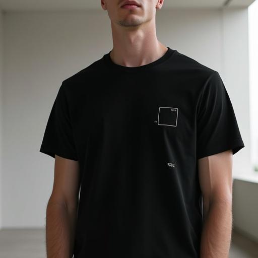 A black high-quality cotton t-shirt displayed by a model. The t-shirt showcases a minimal white print consisting of a small square outline with text. The setting is minimalist and architectural. The design emphasizes negative space and a calm atmosphere.