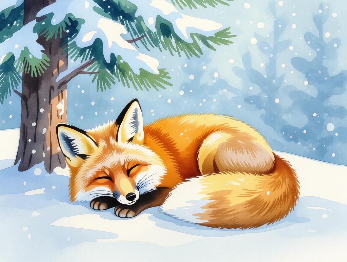 A watercolor painting depicts a fox curled up in snow. The fox rests peacefully under a pine tree. Soft blue shadows appear on the snow. Snowflakes fall gently around it.
