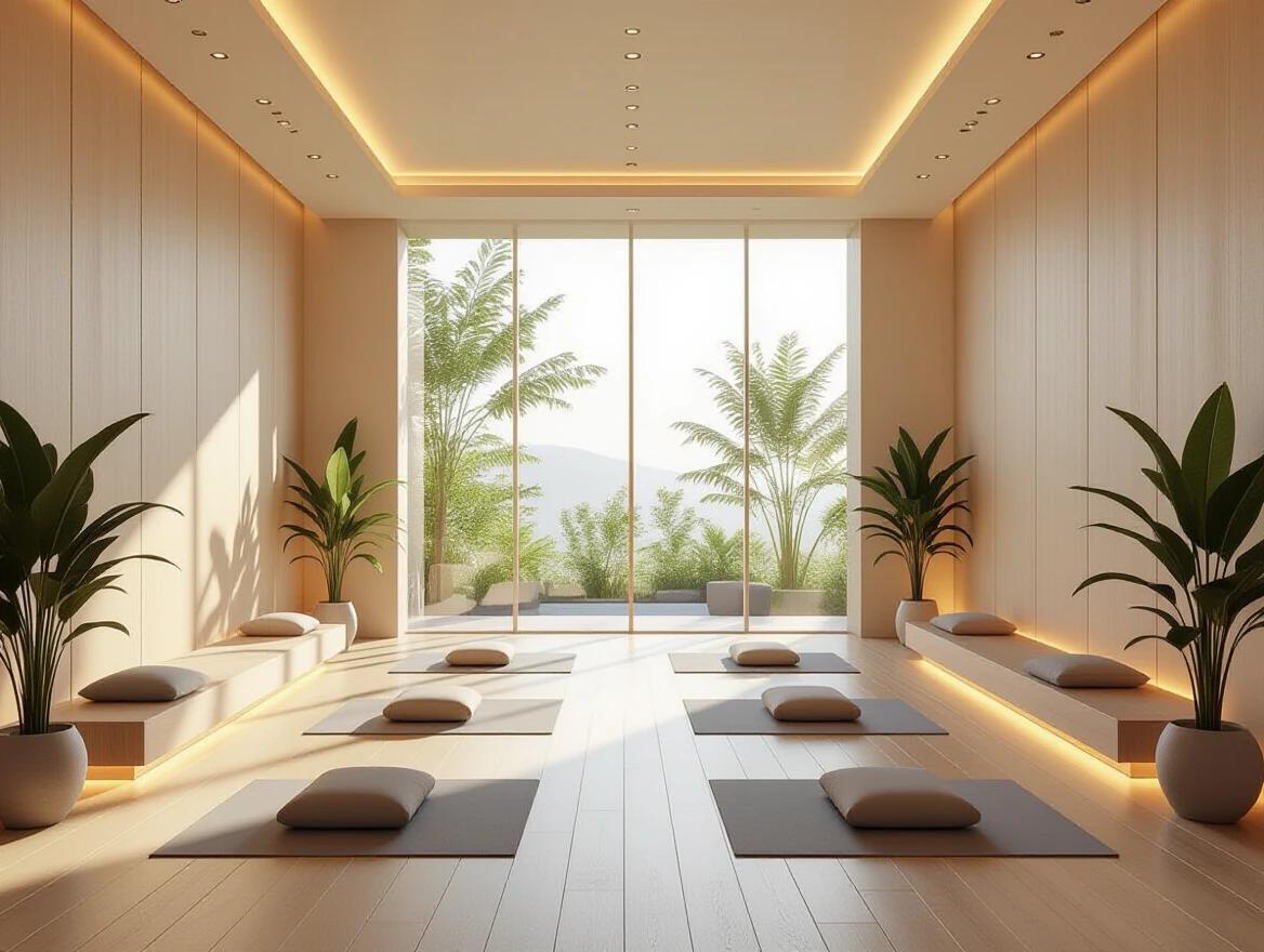 Indoor multipurpose space with walls except left side featuring floor-to-ceiling window. Overlooking greenery. Minimalist open floor with soft wood panels. Yoga mats and floor cushions arranged. Soft indirect ceiling lighting with warm LEDs. Potted plants add natural elements. Modern serene design with high-end materials. Photorealistic 8k render without people.