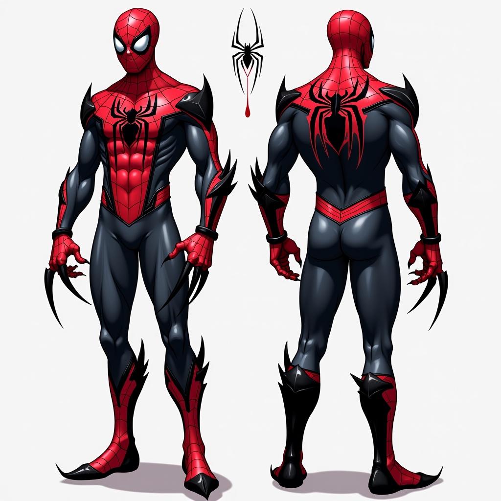 Spider-Man suit design featuring bloodshot red and black color scheme. Jagged chest webbing resembles spider mandibles. Mask has sharp angular eyes with black lenses. Claws exposed at all times. Armor-like legs and shoulders with web-shooters. Large spider symbol on back looks menacing.