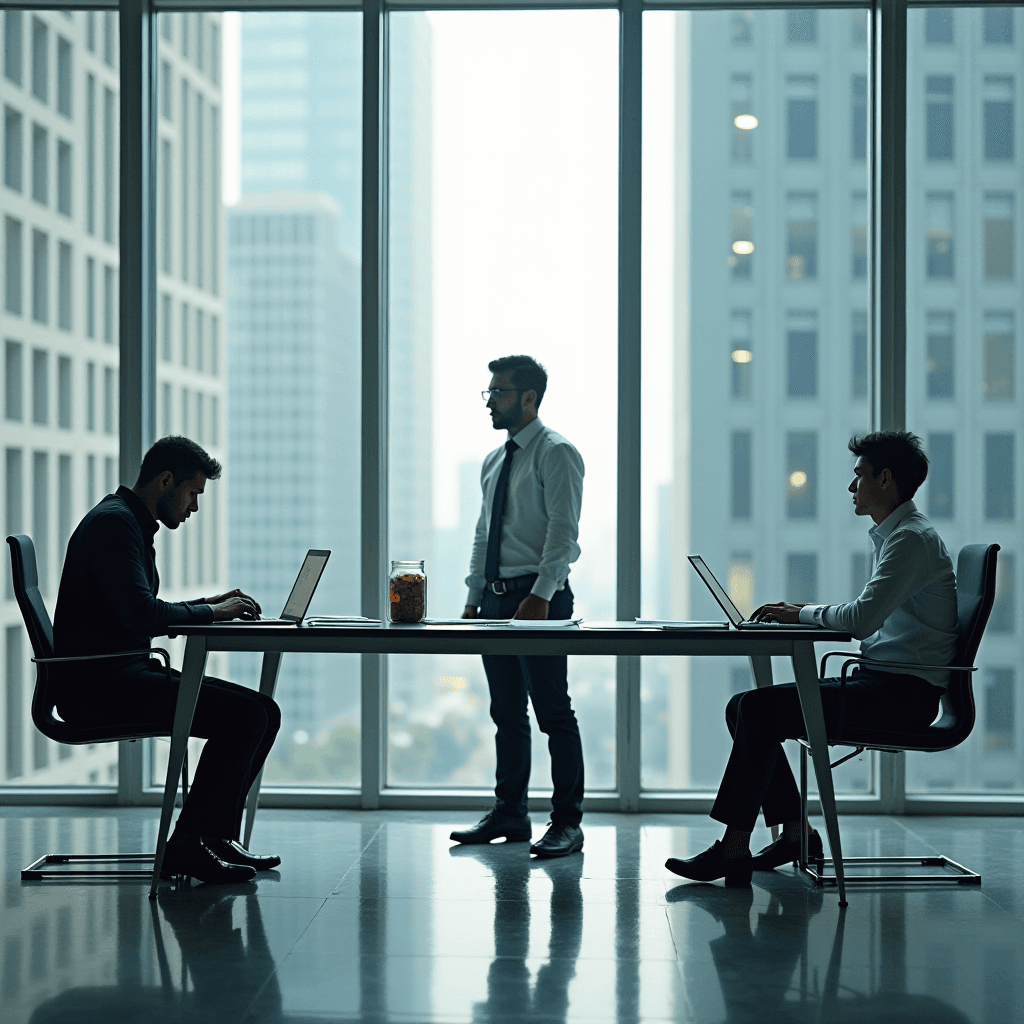 Three professionals in a modern office setting working with laptops.