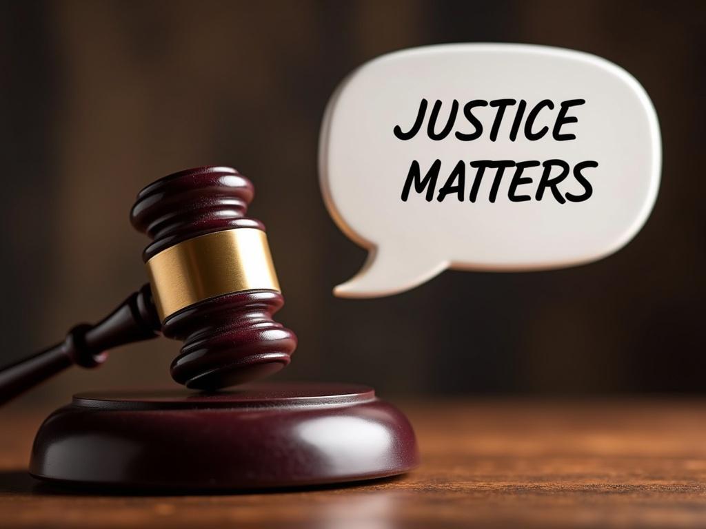 Close-up shot of a judge's gavel. Speech bubble displays the text 'Justice Matters'. Warm, soft lighting showcases the gavel. The background is blurred, emphasizing the gavel and the text.