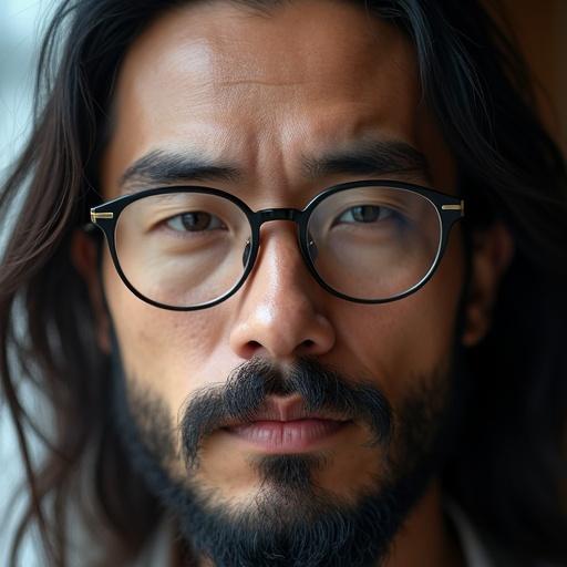 Closeup shot of a handsome Chinese man. Artistic style with long hair and beard. Exudes a serene and thoughtful presence. Wearing modern prescription glasses.