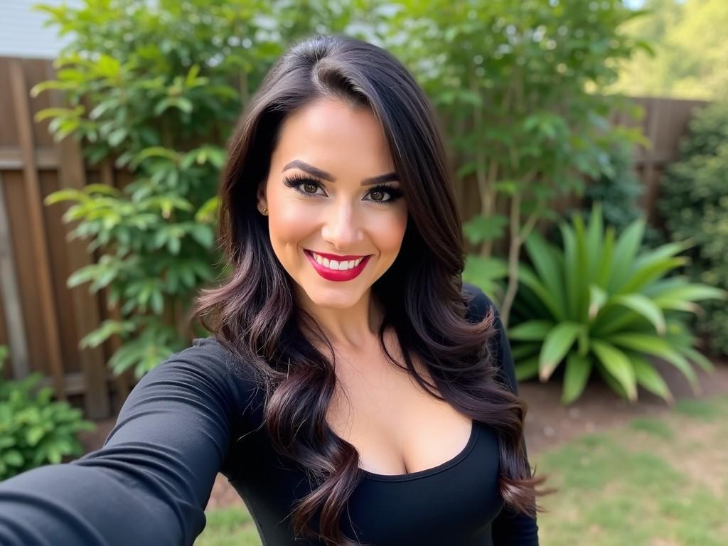 The image features a woman posing for a selfie outdoors. She has long, dark hair with soft waves and is wearing a fitted black top. Her makeup is striking, with bold eyeliner and a rich lip color. The background shows greenery and a wooden fence, creating a pleasant, natural setting. Her expression is warm and inviting, giving off a confident yet approachable vibe.