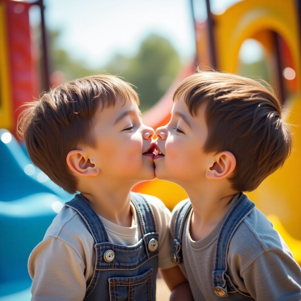 Two little boys kiss playfully on the lips in a colorful playground. Slides and play equipment surround them. Their joyful expressions show innocence and affection. Bright sunlight enhances vibrant background colors. Scene represents childhood friendship and love.