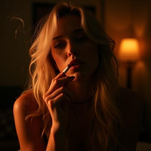 High quality moody photography featuring a woman in a moment of contemplation. Warm ambient light casts soft shadows on her features. Long light-colored hair is partially illuminated. She holds a cigarette, with smoke curling gracefully. Background is a blur of warm tones, suggesting a dimly lit room. Quiet intensity evokes mystery and solitude. Soft lighting enhances hair texture and facial contours.