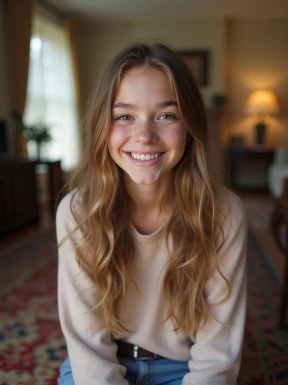 Full frame photo of a teenage girl sitting in a living room. The girl wears a soft sweater and jeans. The image shows an intimate and casual scene. The background reveals a cozy living space with light coming through a window. The settings provide a warm and inviting atmosphere.