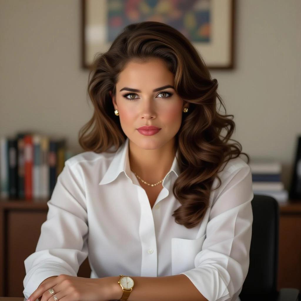 Professional woman with long curly hair sits at a desk in a bright office environment. She wears a white button-up shirt and a pearl necklace. Background features blurred bookshelves and colorful art on the wall.