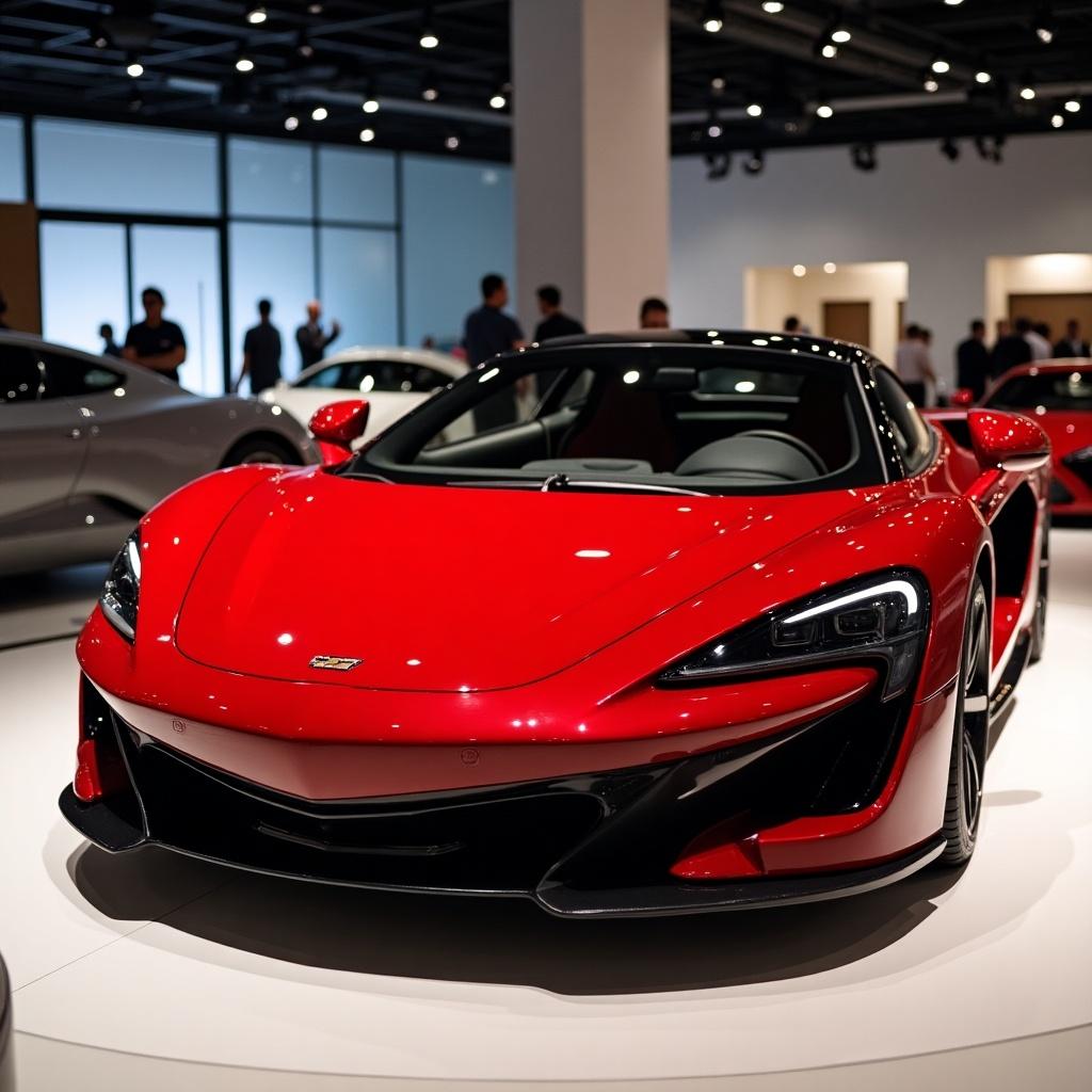 Striking red luxury sports car displayed in a showroom. Focus on design and features. Brightly lit environment with multiple cars visible in the background.