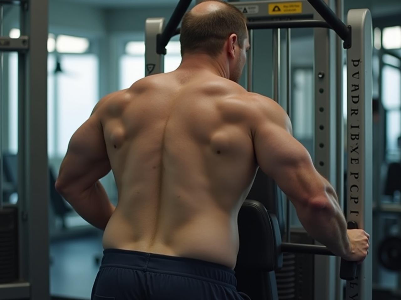 Slightly overweight man in three-quarters view using lat pulldown machine facing away. Focus on back muscles and gym environment.