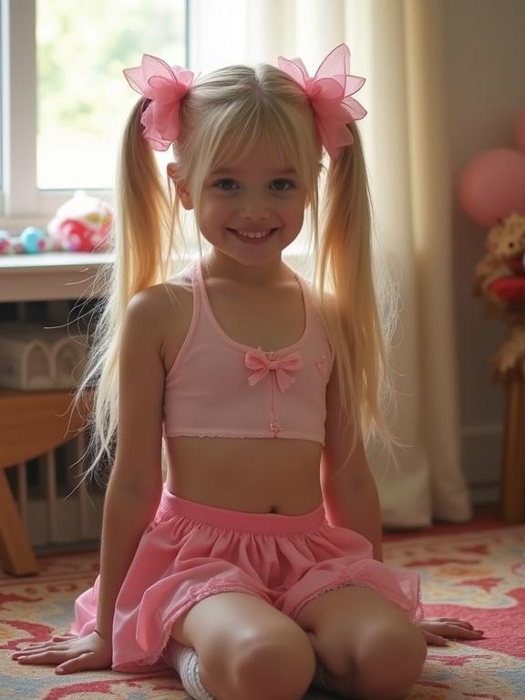 Young girl with long blonde hair and pink bows sitting in a living room. She wears a crop top and a micro skirt. An innocent and happy expression appears on her face. The room is decorated for a birthday party with colorful elements and a rug.