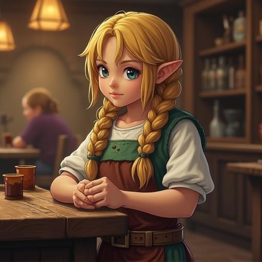 Costume like a Dragon Quest villager. Girl with blonde hair in braids. Working in a tavern.