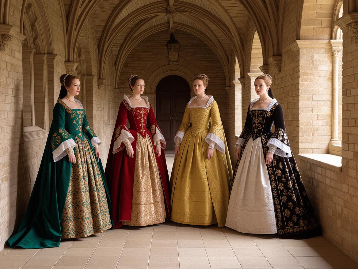 Four women in historical dresses representing the wives of Philip II. They stand in a corridor of a monastery. The dresses are richly detailed. The setting is grand and historical.