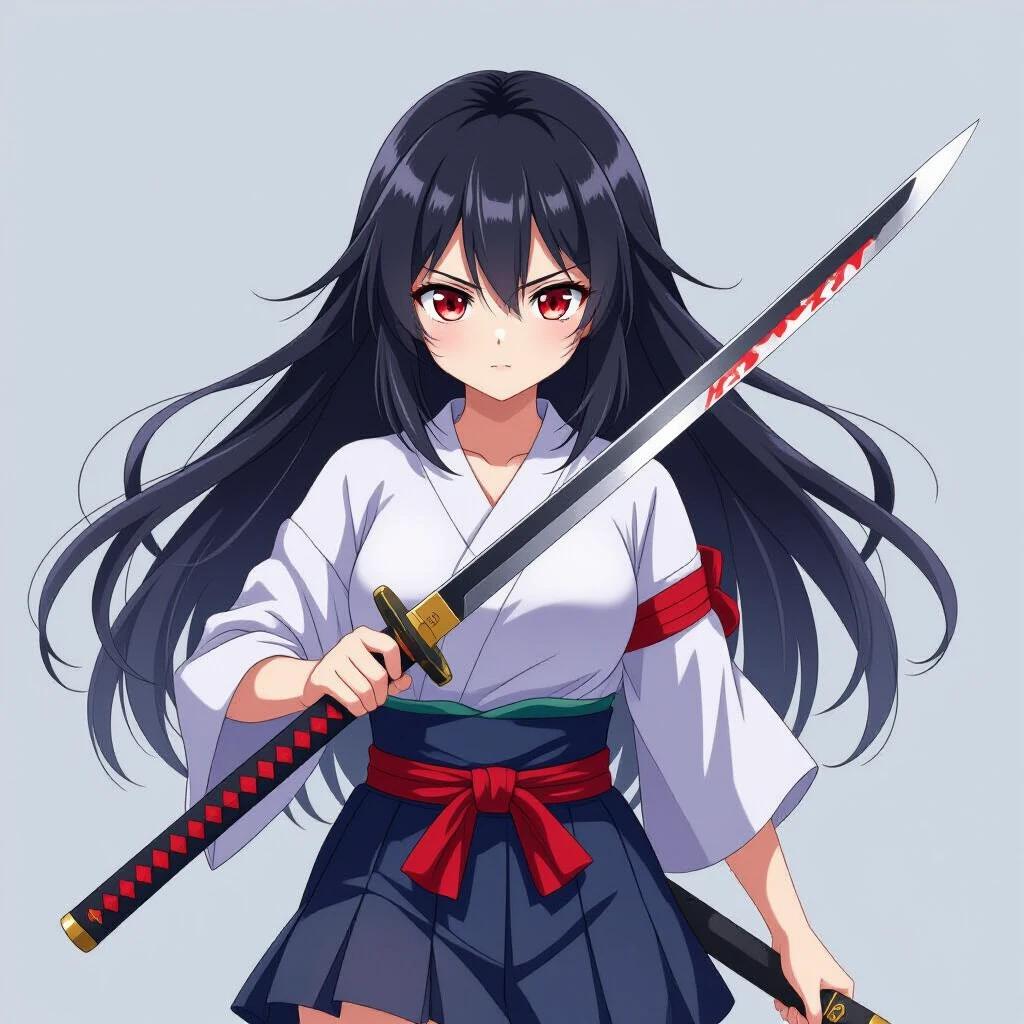 Anime girl with long black hair and red eyes. She is holding a katana. The expression is indifferent yet determined. The stance is aggressive as if she is prepared to slash. The background is light gray.