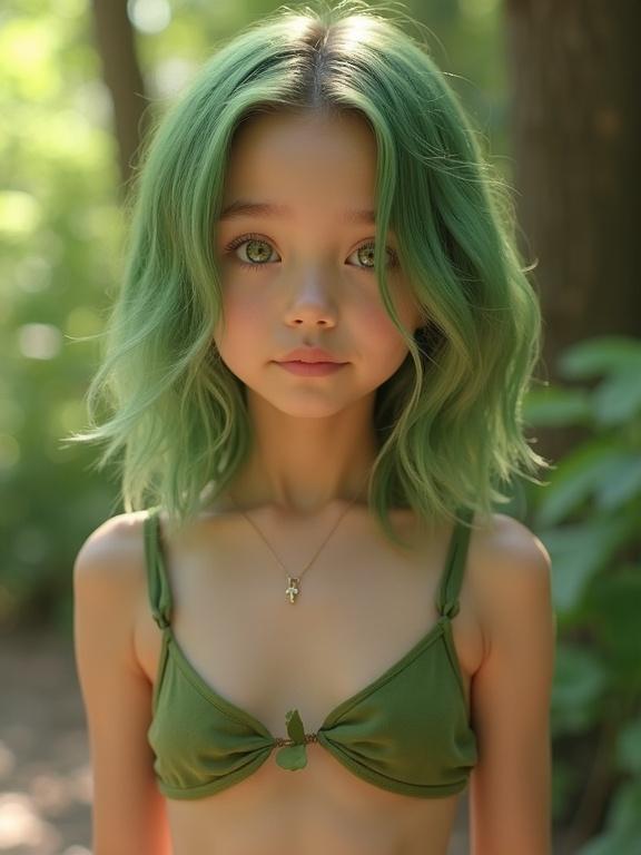 A petite girl with light green eyes and fair skin. She has mossy green hair with gentle waves. She wears a natural leaf bikini. She is visible from head to knees with a calm posture and slight smile. Background is a forest edge in early sunlight.