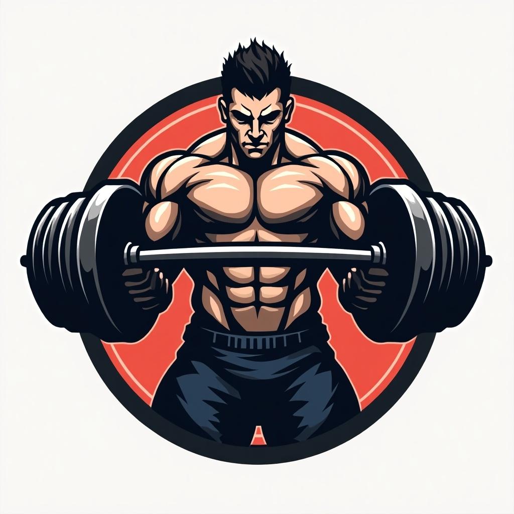 The image depicts a bold and striking logo for a fitness app. It features a muscular man lifting a large dumbbell, showcasing strength and determination. The background is a vibrant red circle, enhancing the energetic feel of the design. The overall style is modern and graphic, emphasizing the importance of fitness and movement. This logo is suitable for branding related to strength training and bodybuilding.