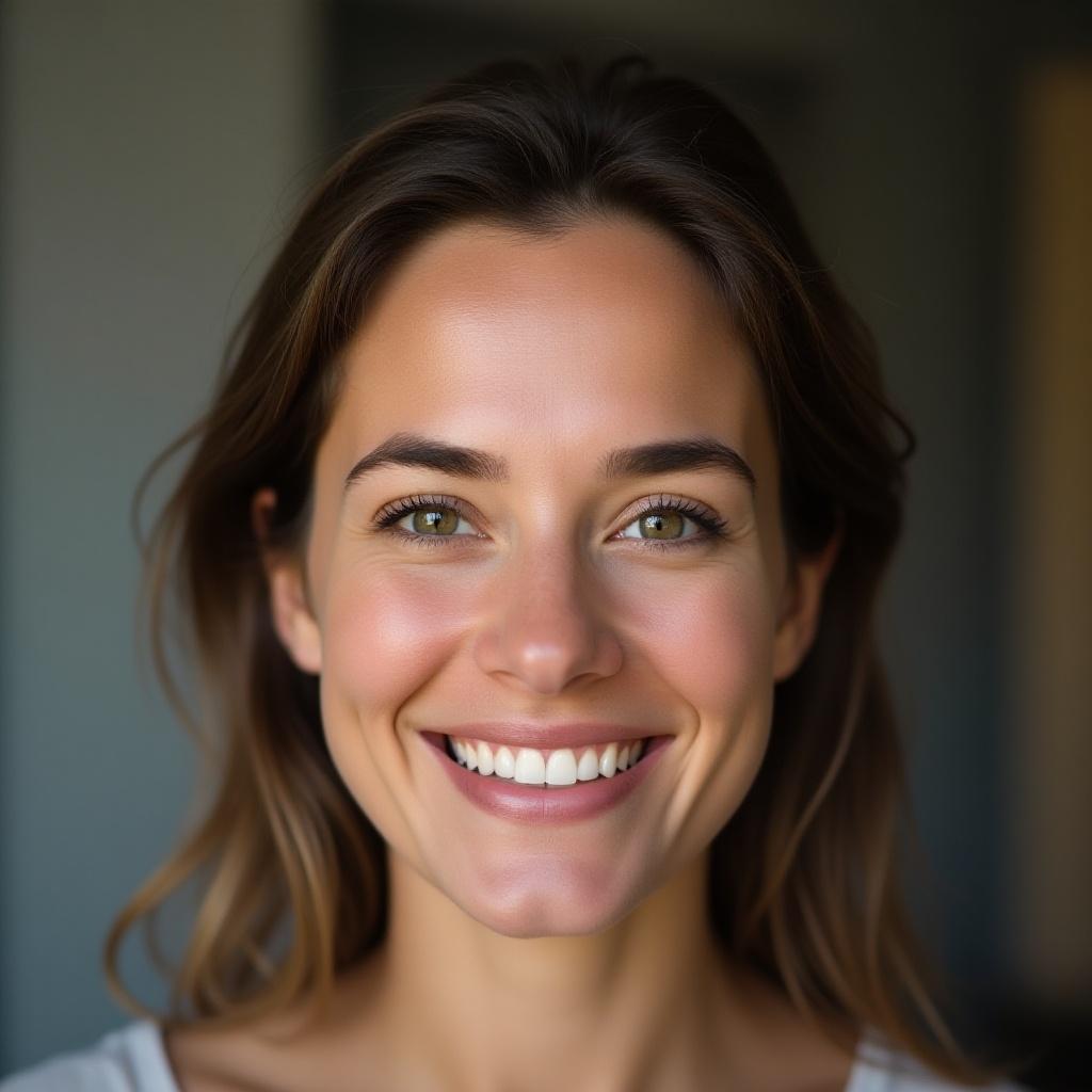 Portrait photo capturing an average looking 35-year-old woman with asymmetric facial features and a gentle smile. Focus on blemishes and natural appearance. No perfect teeth or unrealistic beauty. Subject conveys a relatable and authentic charm.