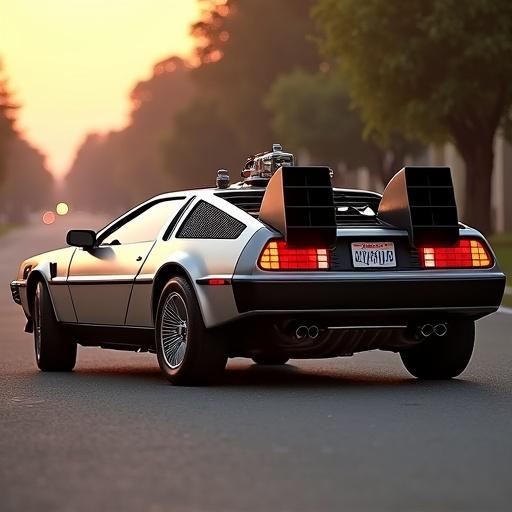 A vertical photo of the DeLorean DMC-12 time machine from Back to the Future. Car is viewed from the front-left side with gullwing doors closed. The stainless steel body reflects the soft golden light of sunset. The flux capacitor glows faintly inside. The back features a Mr. Fusion reactor. Street scene shows hover conversion details. The image is ultra-sharp in a 9:16 format with a cinematic tone.