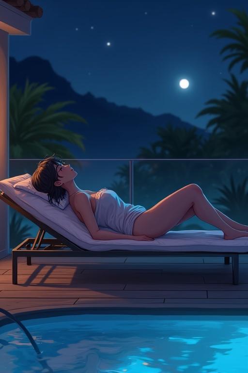 Lounge by a luxurious poolside at nighttime against a backdrop of palm trees. Figure is a soft, gorgeous masculine character with androgynous features resting on a chaise lounge. Moonlight creates a serene atmosphere, enhancing the tranquil setting.