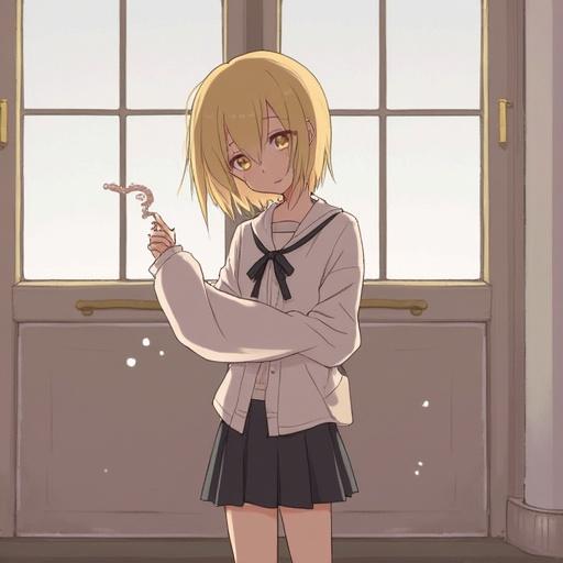 Anime character in a room. Girl standing indoors holding a key. She has short blonde hair and is in a casual outfit with a bow. Large windows provide natural light.