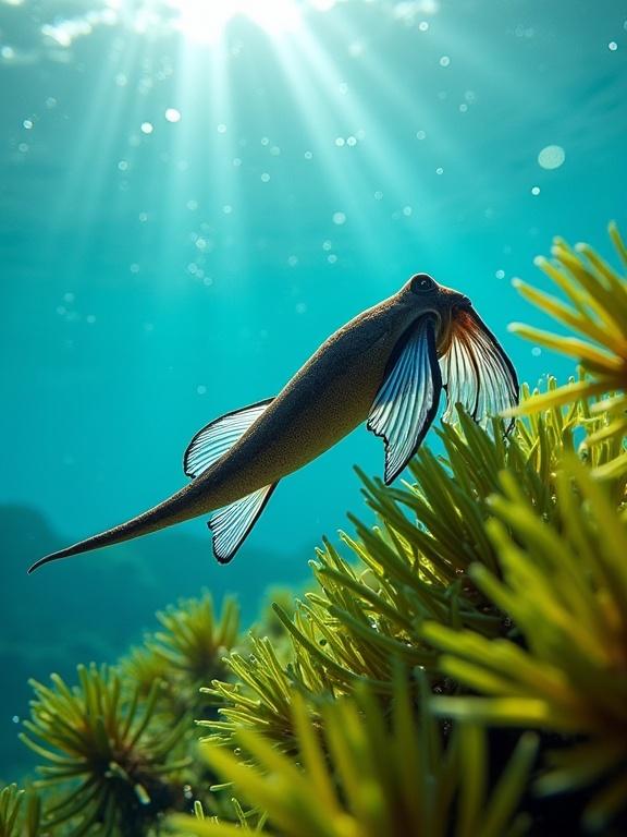 A cuttlefish swims among underwater vegetation. It has a long flexible body with translucent fins. Body displays dark brown with white and blue stripes. Surrounding vegetation consists of bright green seagrass swaying in the current. Water is clear turquoise with sunlight filtering down. Particles suspended in the water are illuminated. Macro photography with natural lighting and sharp focus on marine life against a soft background.