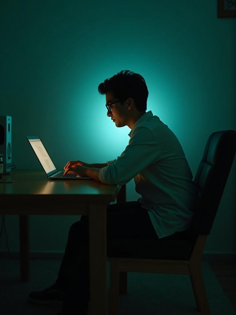 A person sits at a wooden table. Focus on a glowing laptop screen. Teal lighting creates a serene mood. Background softly illuminated.