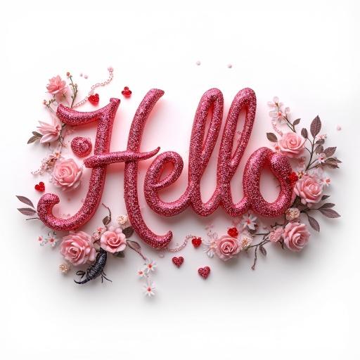 3D logo design of the name HELLO in pink-black calligraphy. Central letters are surrounded by roses and beads. Hearts and realistic scorpions intertwined with roses. Delicate daisies included. Pristine white background accentuates the design.