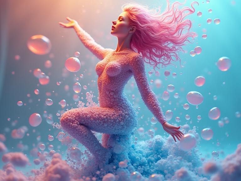 3D figure created from vibrant bubbles with a dreamy quality.