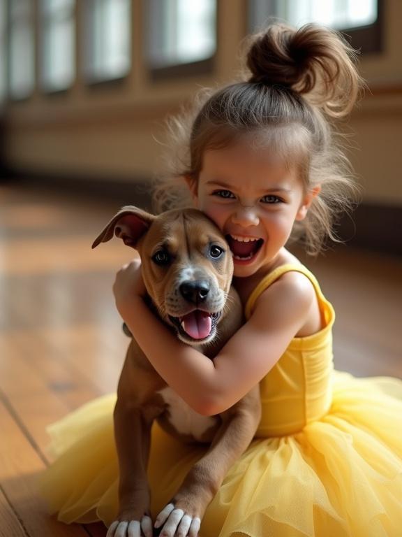 A young girl with brown hair styled in waves wearing a yellow ballet dress hugs a pitbull puppy. Both display vibrant, intense facial expressions. The setting is a ballet hall with a wooden floor.