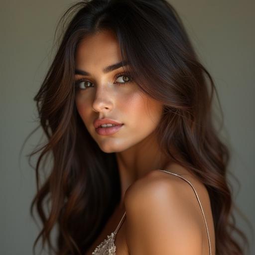 Stunning woman with beautiful features and long hair. Close-up portrait showcasing facial expression. Model exhibiting confidence and poise.
