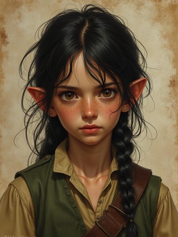 A whimsical halfling character with dark hair and freckles. Brown eyes express slyness and mischief. Wears an olive green outfit. Background resembles worn parchment. Digital art inspired by Antonio J. Manzanedo. Semi-realistic style.