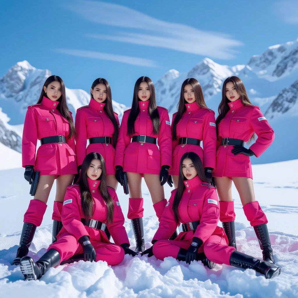 A group of women poses in snowy landscape. They wear futuristic military-style pink outfits. Some stand while others sit or lie on snow. The backdrop features icy mountains and a clear blue sky.