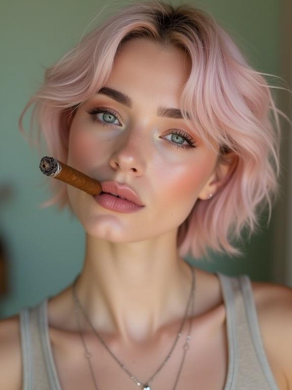 A Colombian crossdresser with short pale pink hair and very pale skin. Makeup is bold and alluring. Dressed in pastel yoga gear, posing in a yoga studio. The mood is seductive with a small smile, as he smokes a Cuban cigar.