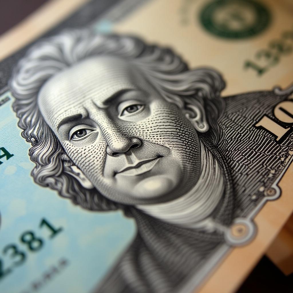 A detailed close-up of a currency note, showcasing the intricate design and features. The note displays a prominent figure with a distinctive face and detailed engravings. Soft lighting enhances the textures and patterns present on the currency. This image captures the complexity of banknote design, emphasizing its artistic and security features. It serves as an educational representation of monetary value.