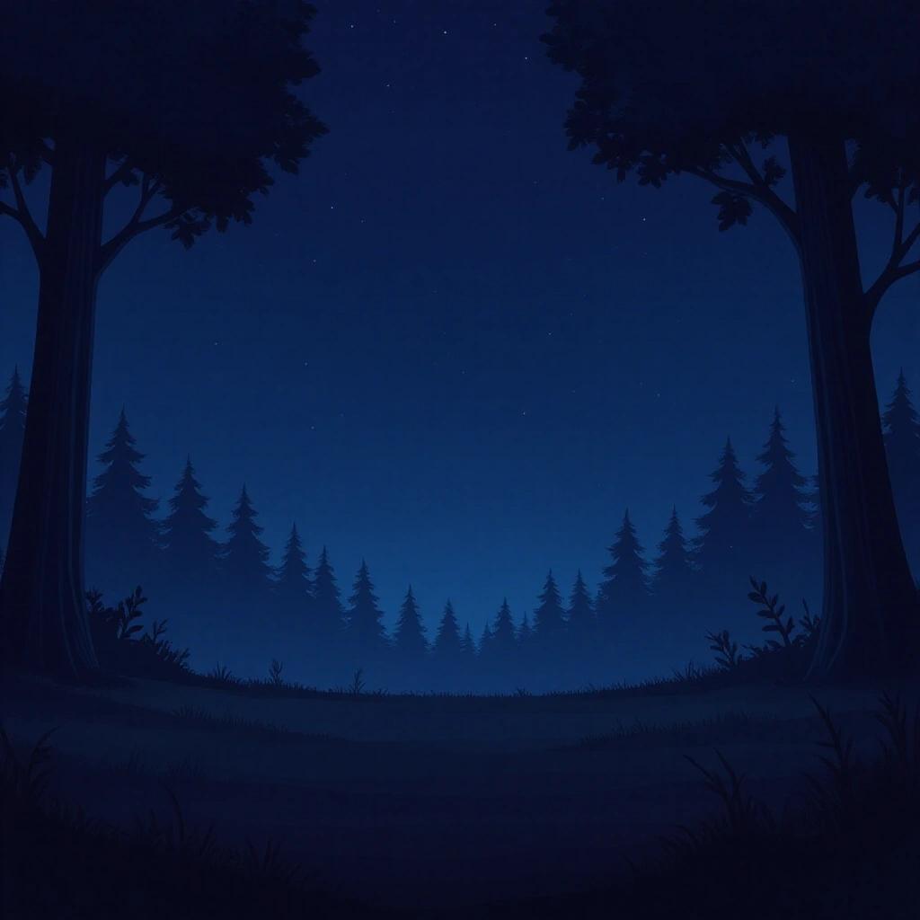 Vector background designed for a video game. Contains a flat plain area. Background includes a dense forest filled with tall trees. Scene set at night. Japanese anime style used. Lighting is dim and enhances a fantasy theme. No characters present. Sky is not visible.