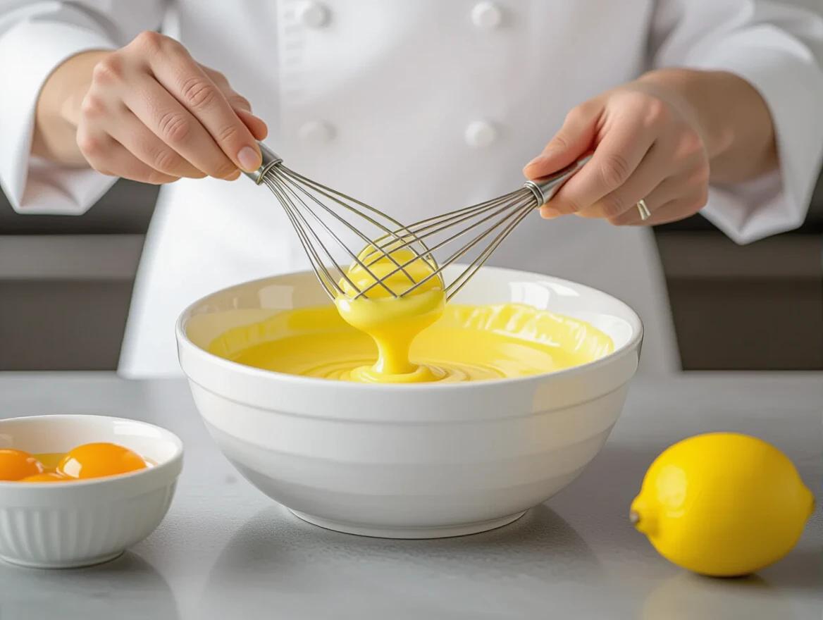Close-up photograph of hands in a chef's coat whisking bright yellow hollandaise sauce in a large white bowl. Whisk creates smooth ribbons of sauce. Gray countertop with a whole lemon on the right and a bowl of egg yolks on the left. Shallow depth of field; whisking action in focus. Bright lighting highlights sauce texture.