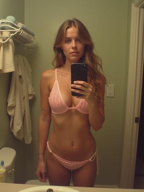 Woman taking a mirror selfie in a pink bikini. Bathroom setting with casual decor. Soft skin tone due to lighting. Phone visible. Background includes bathroom fixtures.