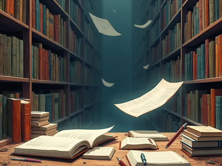 Big library filled with books. Floating pages and pens. Ink suspended in space. Dreamlike minimalist composition. Surreal painting style with abstract forms. Emotive illustration.